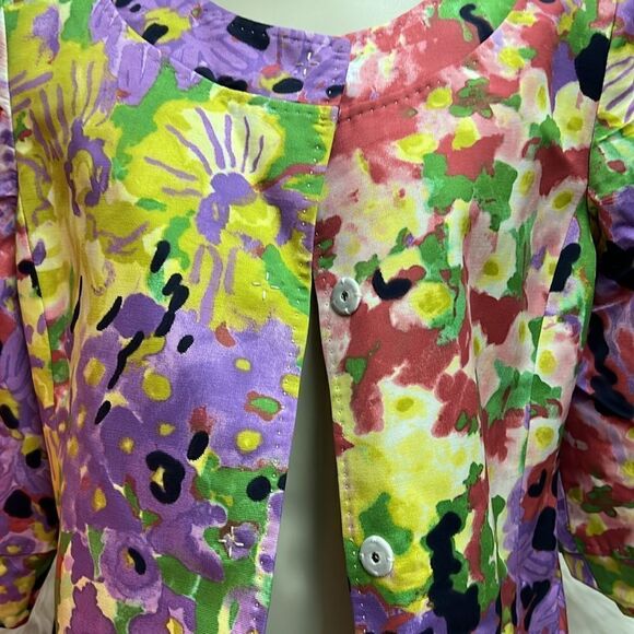 Elie Tahari floral jacket coat multicolor yellow purple snap front duster M C14 - Picture 9 of 13